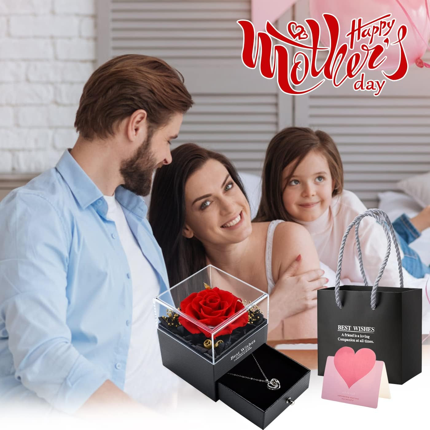 Mothers Day Roses Gifts, Gifts for Mom, Preserved Real Rose with I Love You Necklace in 100 Languages -Eternal Roses Gifts for Mom Wife Girlfriend Anniversary Valentines Day Mothers Day Birthday Gifts